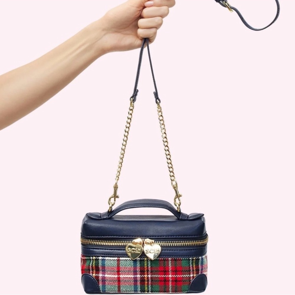 Stony clover Plaid Mini Crossbody Bag with Gold Heart Accent - Navy